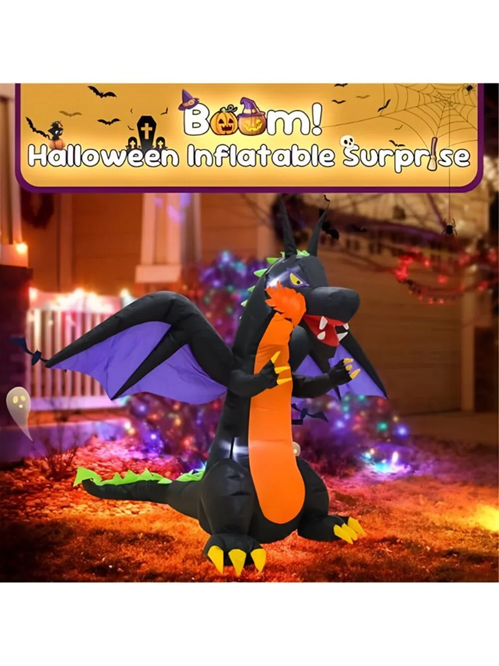 4FT Purple Dinosaur Halloween Inflatable Decor with LED Lights